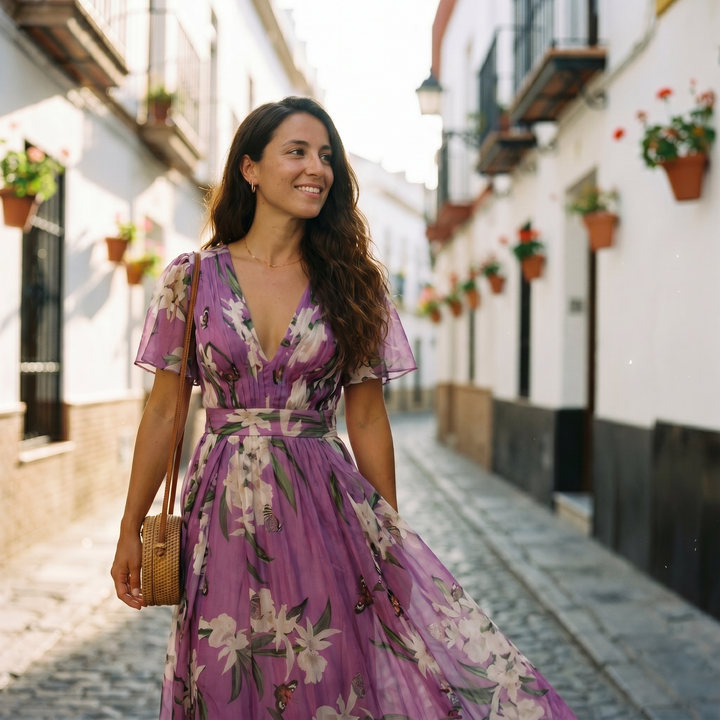 Flowing floral maxi dress for women, featuring an elegant V-neck and vibrant print, ideal for feminine occasion wear.