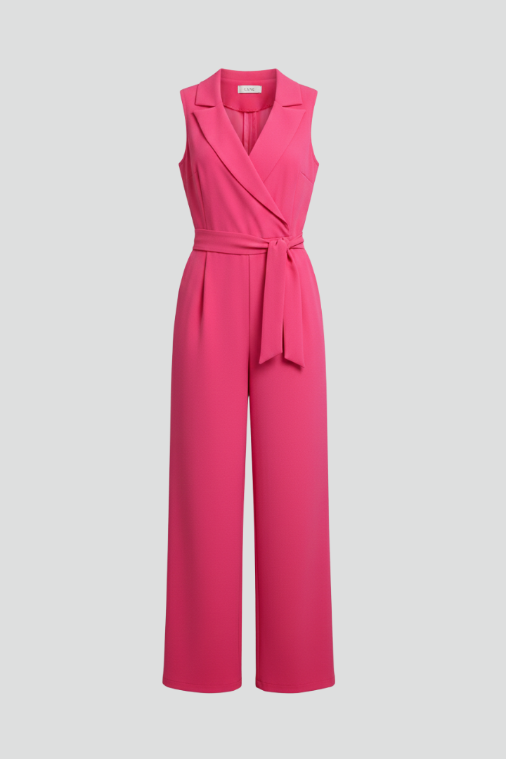 Elegant women's V-neck jumpsuit with a flattering tie waist, perfect for chic occasion wear.