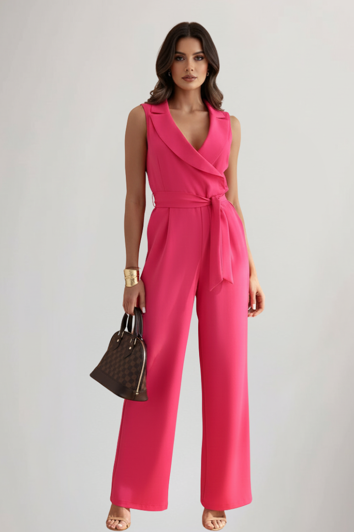 Stylish women's wide leg jumpsuit featuring a comfortable V-neck and adjustable waist tie.