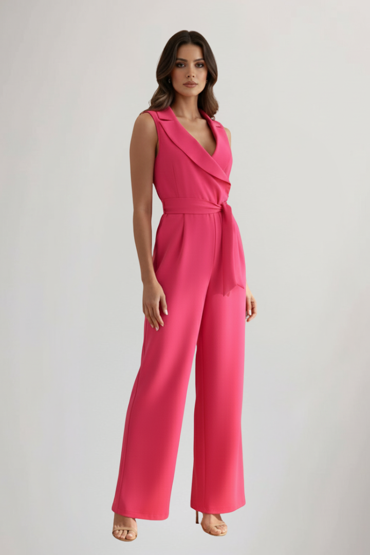 Chic women's V-neck jumpsuit with a flattering tie waist, ideal for fashion-forward comfort.