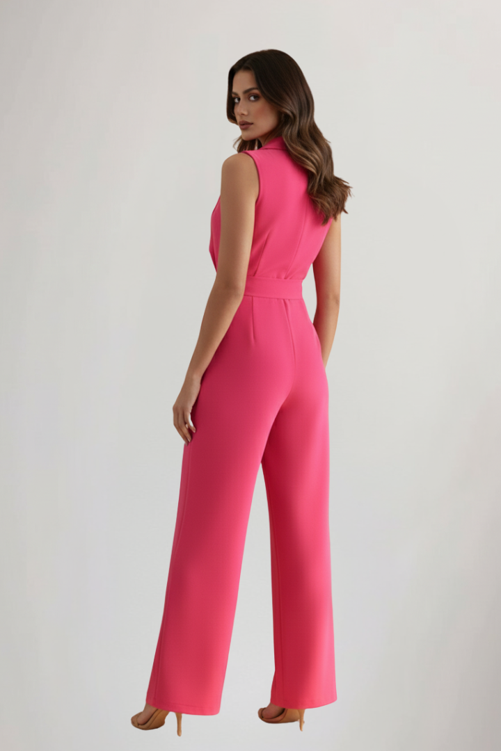 Fashionable women's elegant jumpsuit with a V-neck, wide leg, and stylish waist tie.