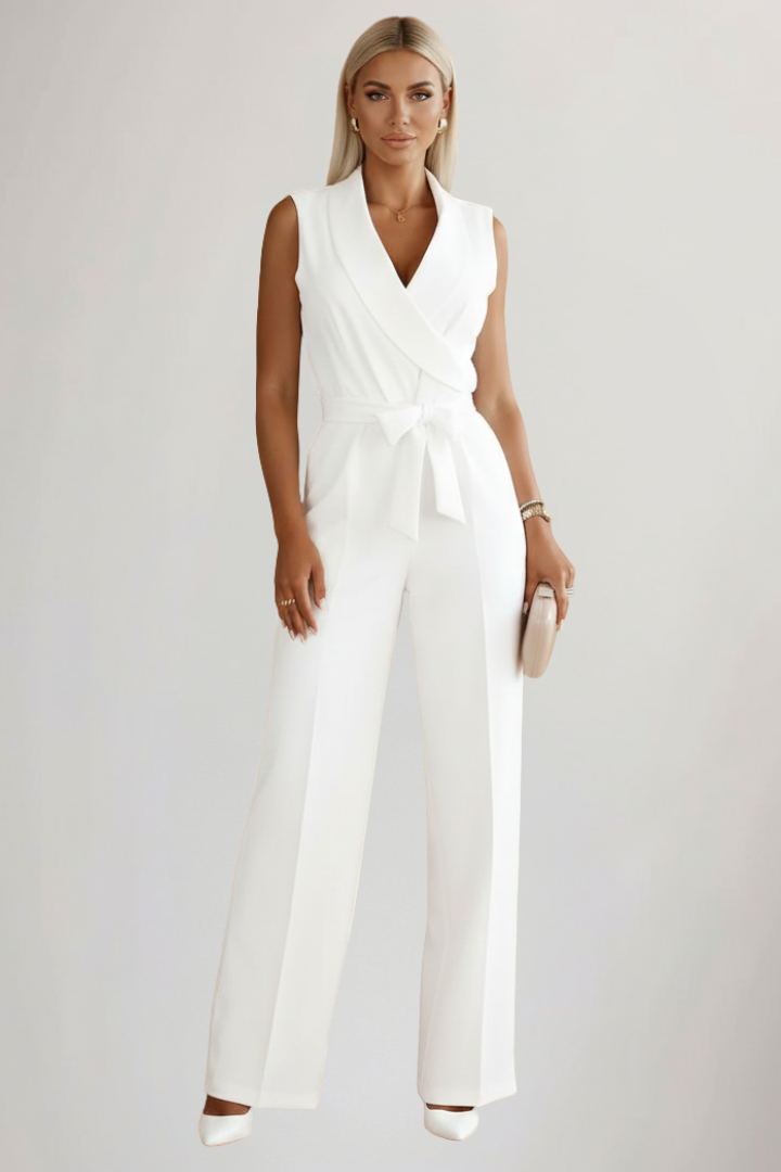 Comfortable women's V-neck playsuit with a flattering tie waist and elegant wide legs.