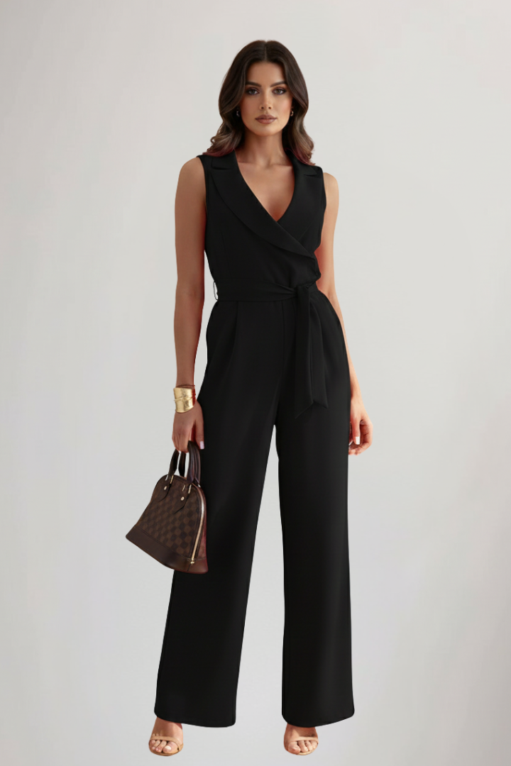 Flattering wide leg women's jumpsuit with a V-neck design and stylish waist tie for fashion.