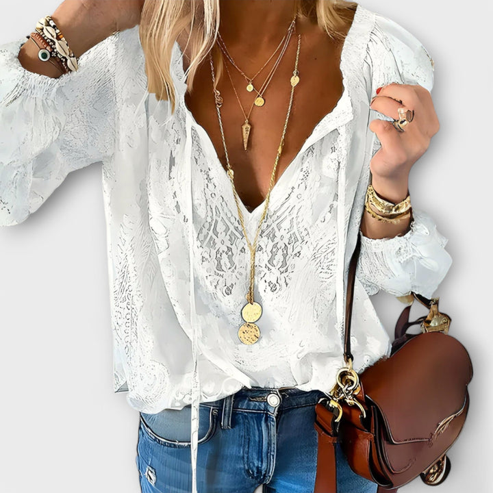 Elegant women's V-neck long sleeve lace blouse, perfect for office or date night. Chic and versatile feminine top.