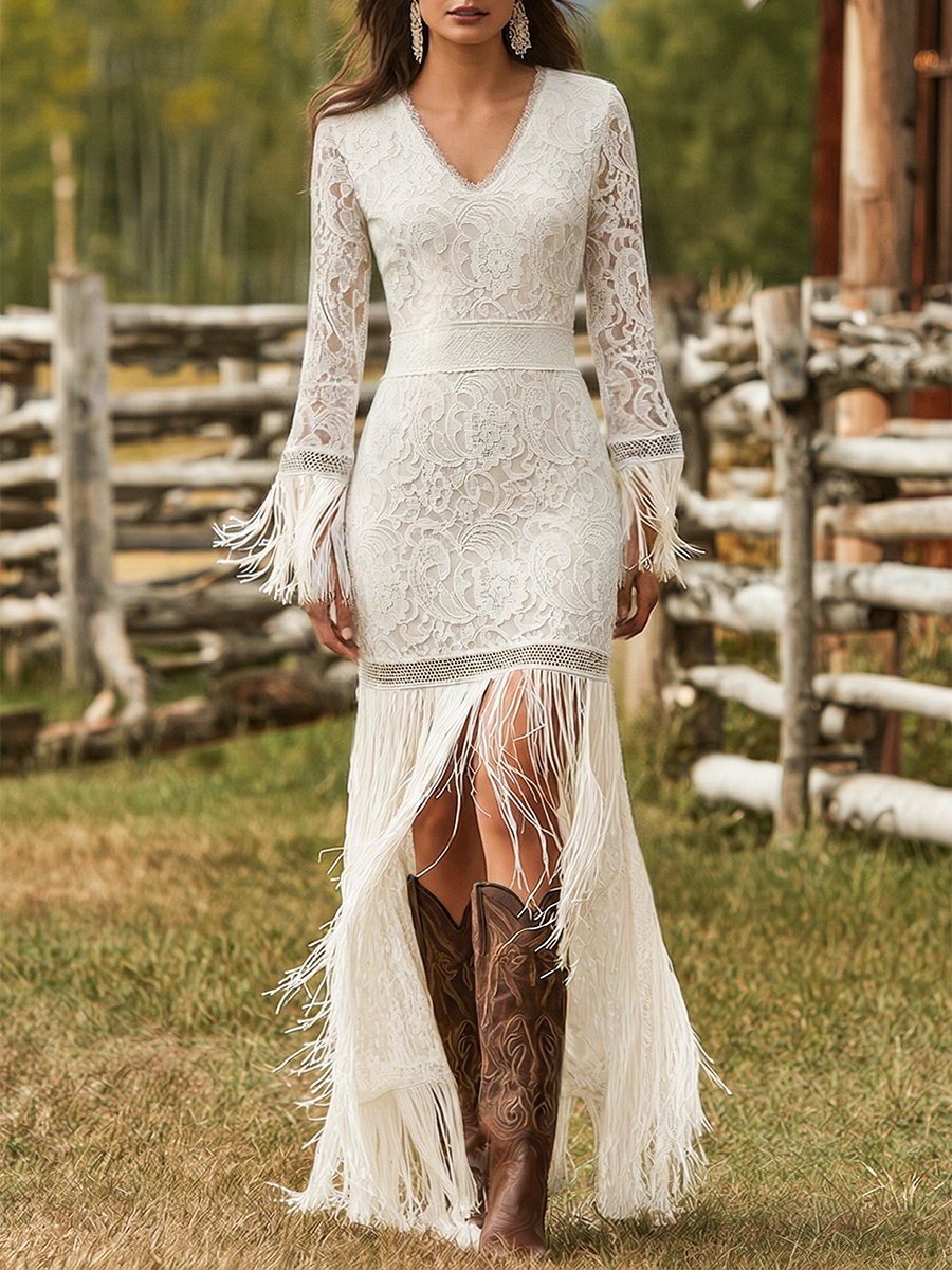 Elegant women's V-neck long sleeve maxi dress with fringe hem, perfect for evening, party, or wedding guest.