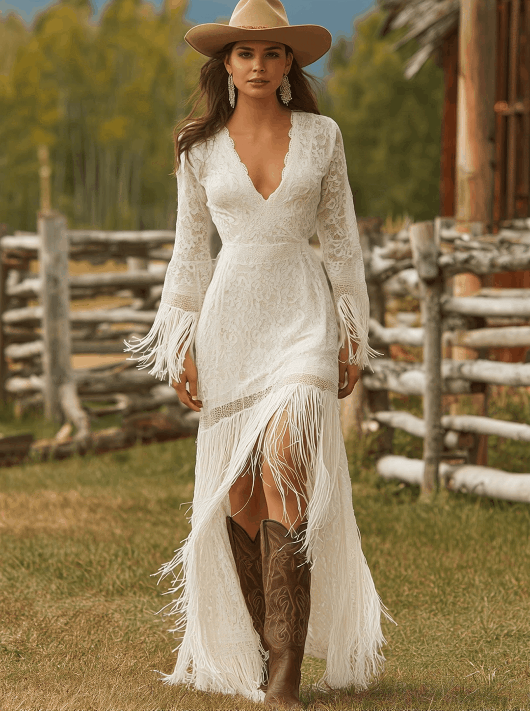 Boho chic V-neck fringe maxi dress for women, featuring long sleeves & elegant design for special occasions.