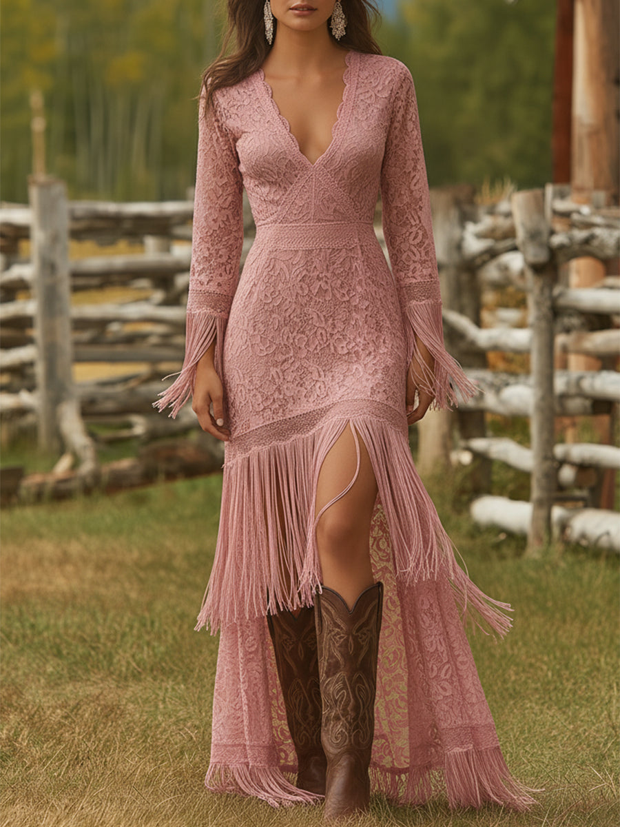 Stunning wedding guest V-neck maxi dress for women, with long sleeves & stylish fringe. Elegant party wear.