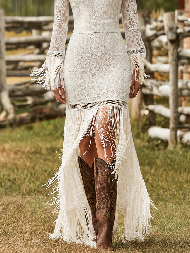 Stylish women's V-neck fringe maxi dress with long sleeves. Versatile for party, formal, or boho chic events.