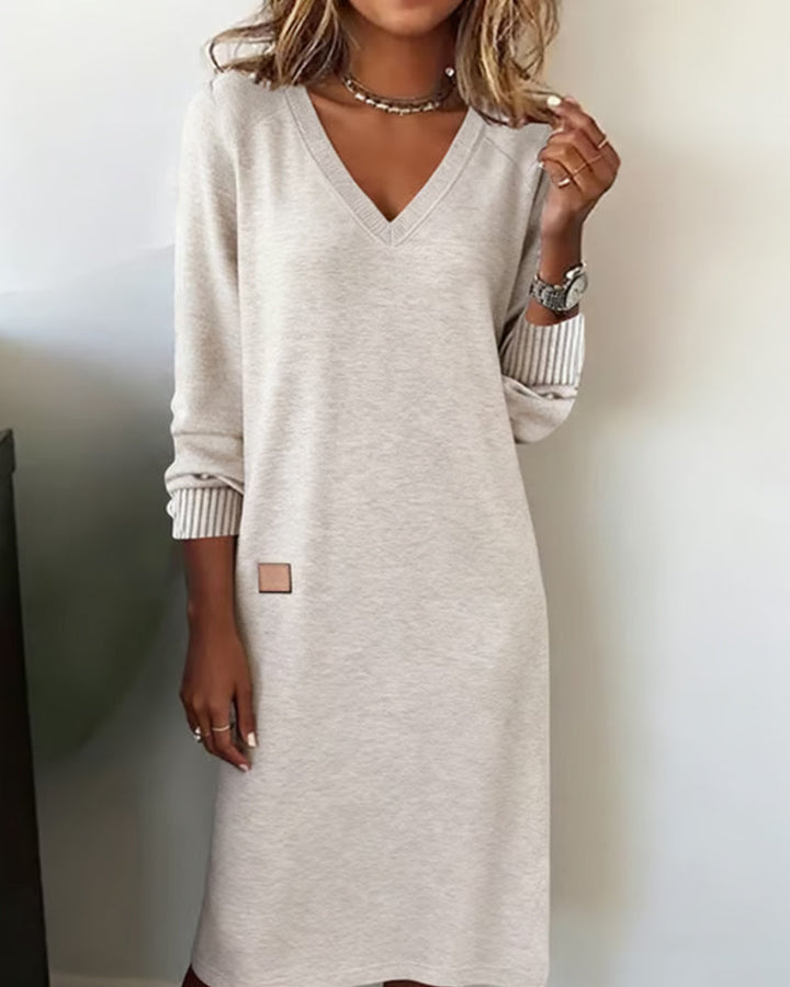 Elegant women's V-neck long sleeve midi dress, perfect for office workwear & casual fall fashion.