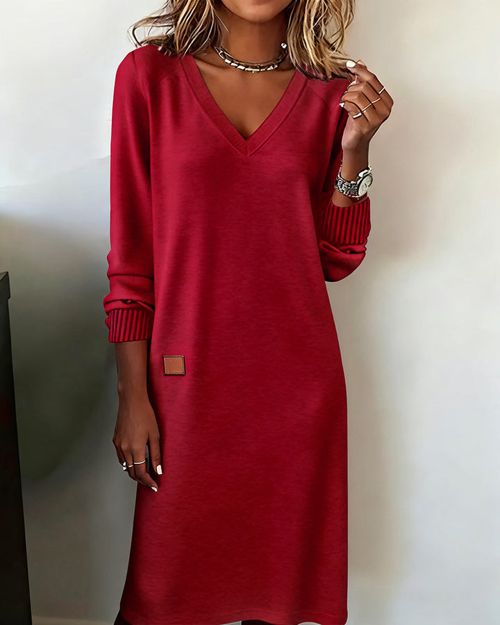 Comfortable women's long sleeve V-neck midi dress, an easy pullover style for daily office or casual wear.