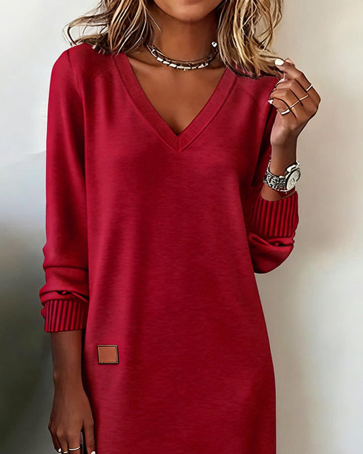 Professional women's V-neck long sleeve midi dress, perfect office work wear, exuding chic style.
