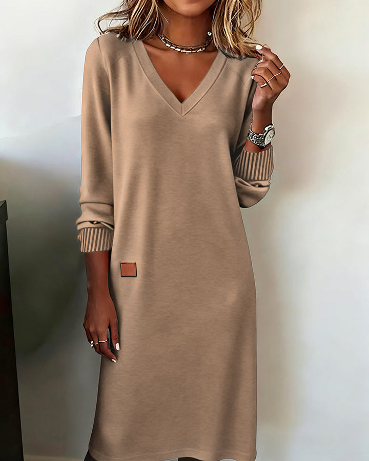 Women's elegant V-neck long sleeve midi dress. A versatile pullover for office, work wear, or casual events.