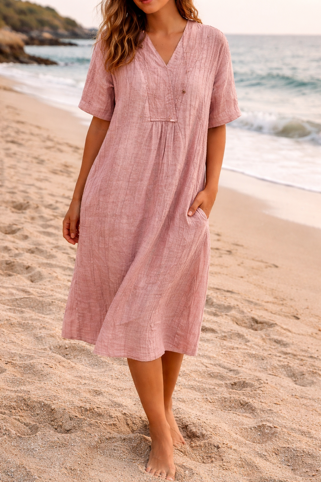Elegant women's V-neck loose fit midi dress in a vibrant color, perfect for casual summer wear.