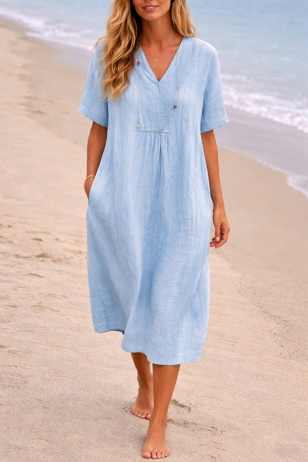 Stylish women's pull-on V-neck midi dress, loose and comfortable, an effortless choice for everyday elegance.