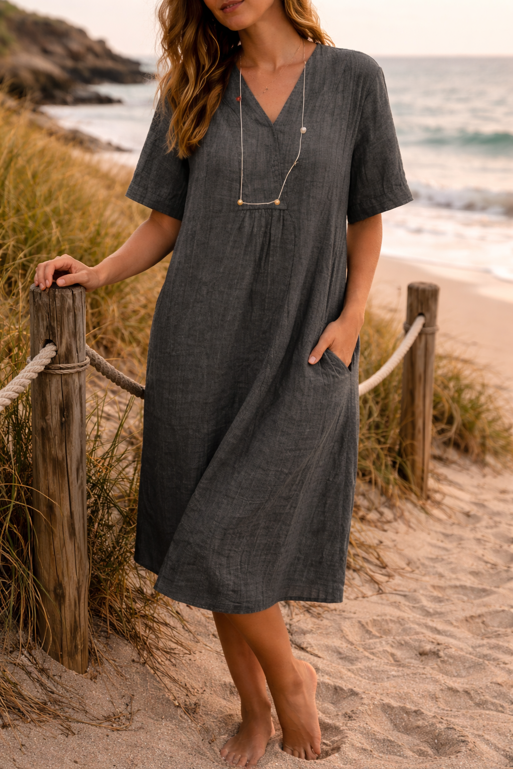 Relaxed women's summer midi dress with a V-neck and loose fit, perfect for comfortable and casual wear.