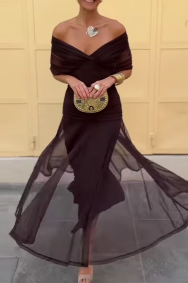Fashionable women's maxi dress, V-neck & flutter sleeves. Elegant long dress for evening & summer.