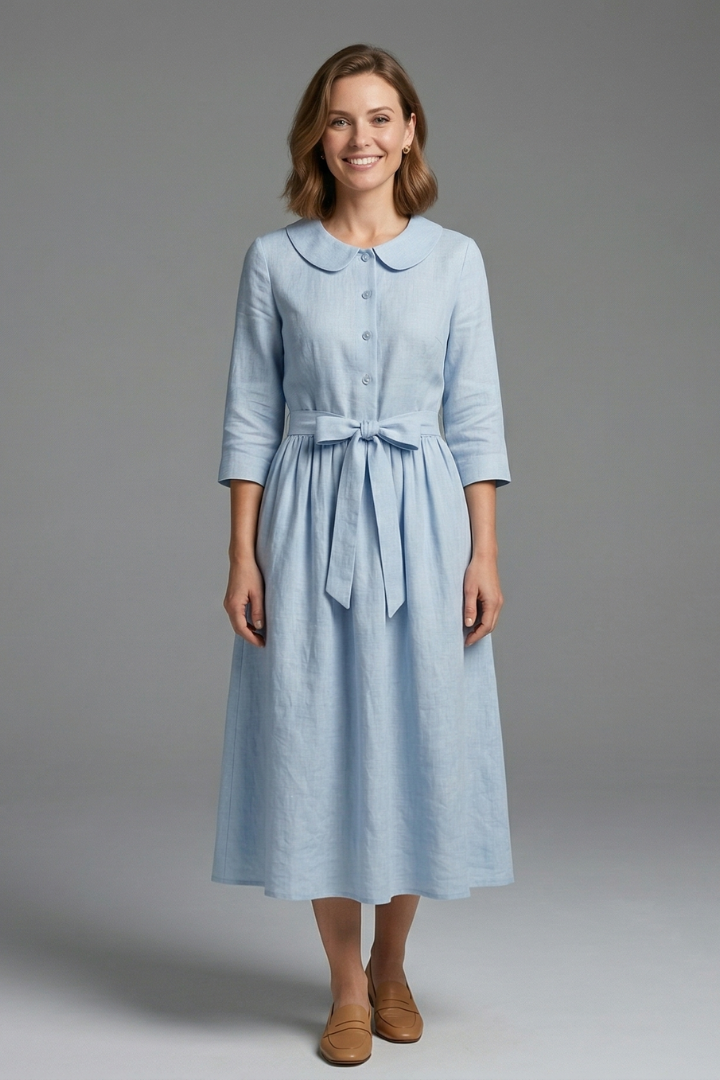 Flowy women's V-neck midi dress featuring a chic waist tie. Ideal for summer, casual, or formal wear.