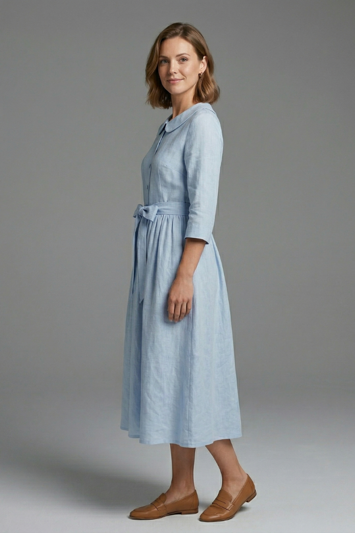 Versatile women's V-neck midi dress with an adjustable waist tie. Great for elegant summer outfits.