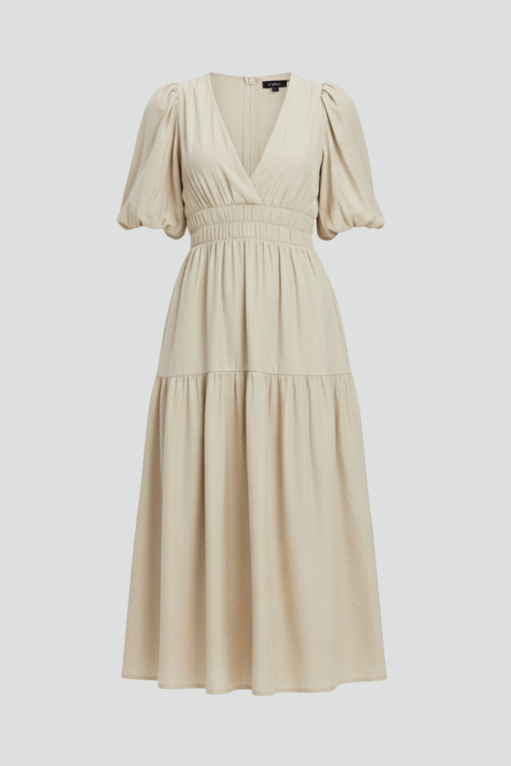 Elegant women's V-neck midi dress with chic puff sleeves, perfect for summer parties or casual wear.