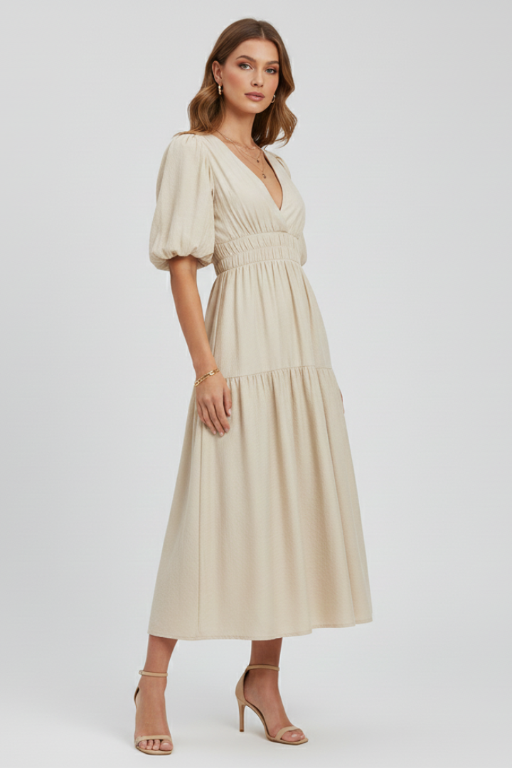 Stylish women's summer midi dress with sophisticated V-neck and beautiful puff sleeves. Ideal for events.