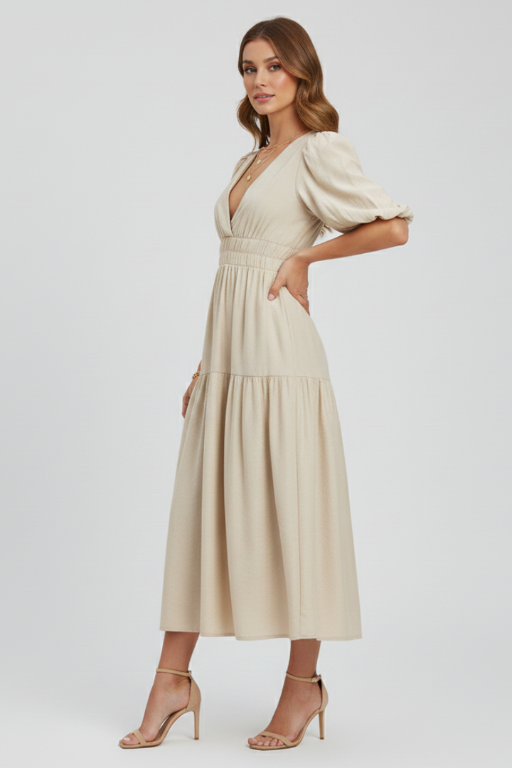 Fashionable women's party midi dress, V-neck, elegant puff sleeves & gathered waist for a chic look.