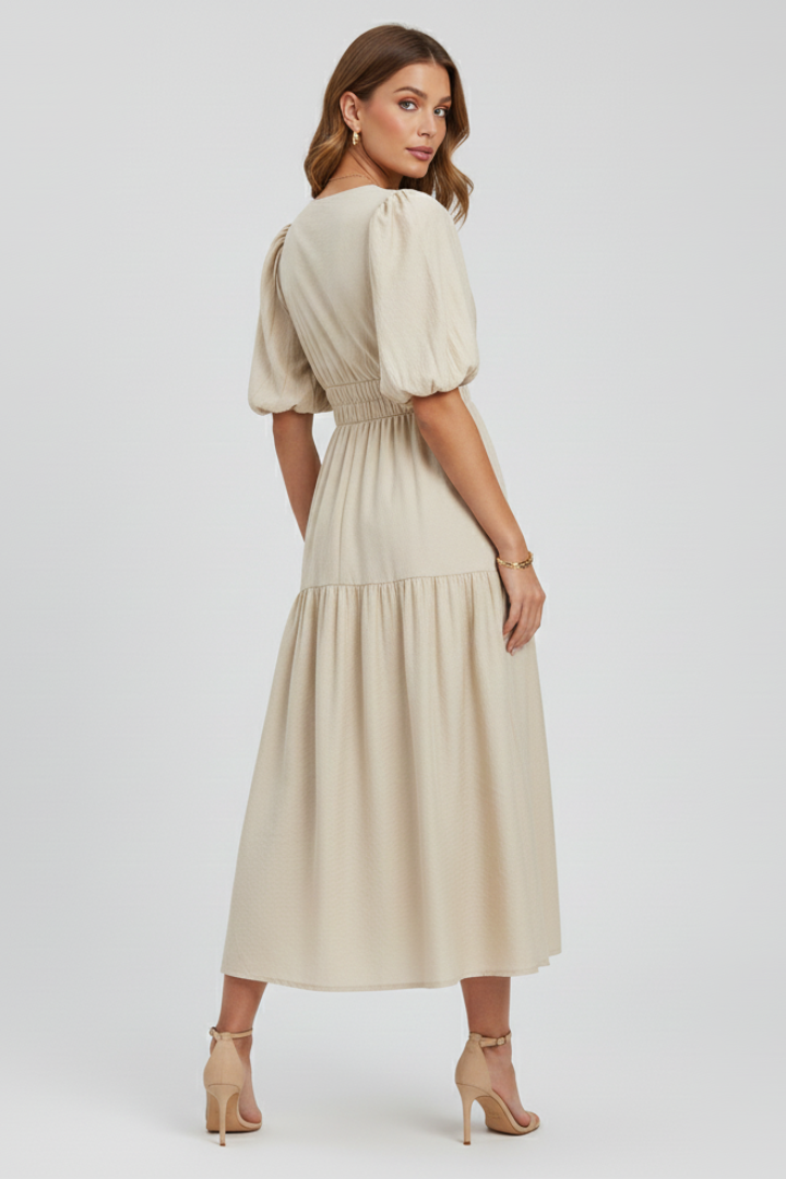 Casual yet elegant women's midi dress, front view, showcasing V-neck, puff sleeves, and A-line skirt.