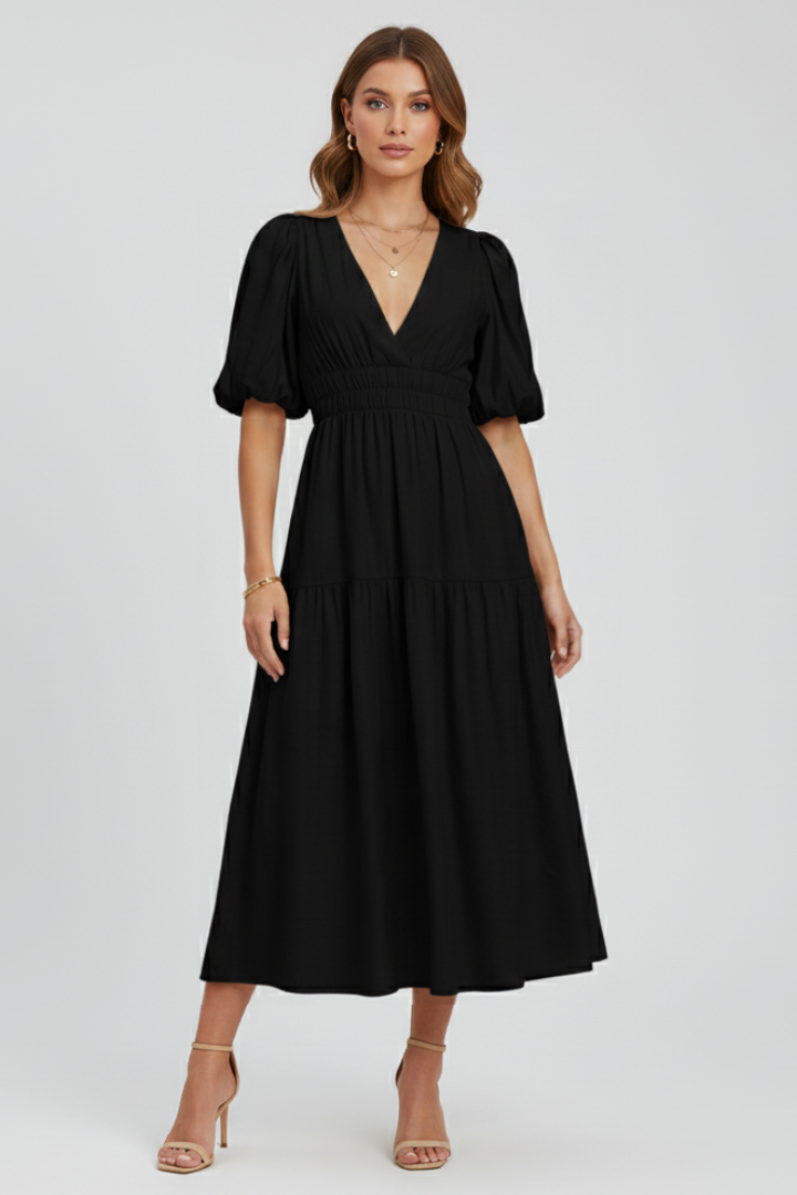 Women's elegant V-neck midi dress with graceful puff sleeves & gathered waist, perfect for warm weather.
