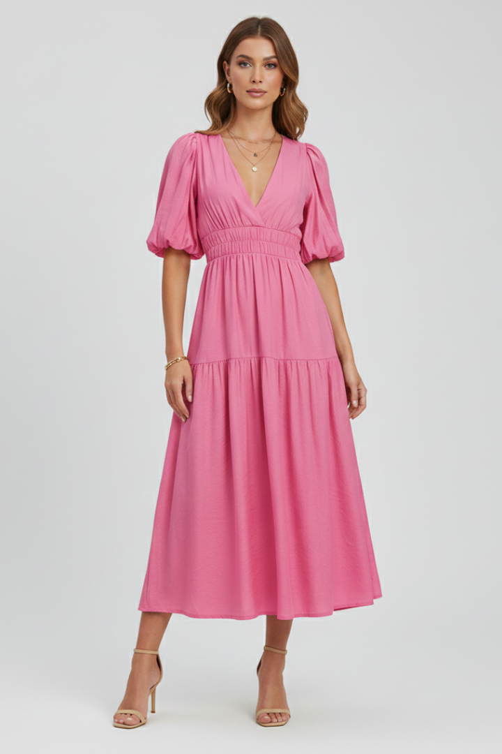 Sophisticated women's V-neck midi dress with unique puff sleeves, suitable for both casual & party.