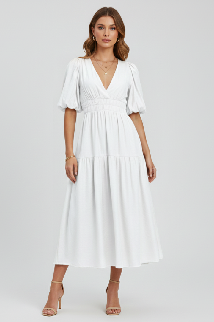 Attractive women's midi dress featuring an elegant V-neck, trendy puff sleeves, and a flattering A-line cut.