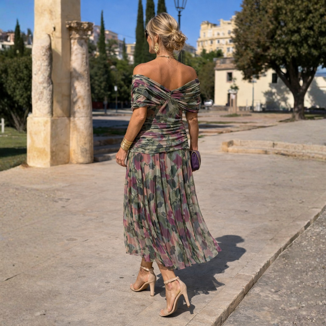 Women's party dress, elegant V-neck midi with flowing flutter sleeves, A-line style.