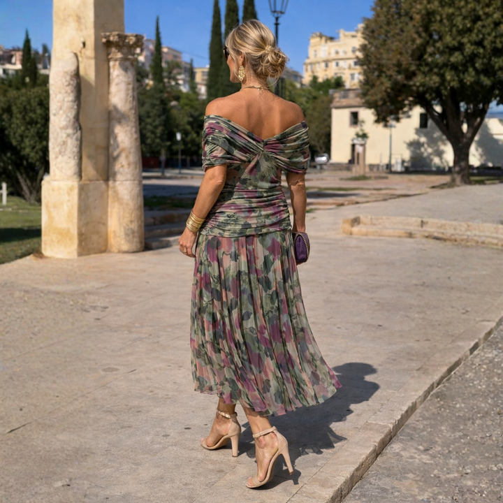 Women's party dress, elegant V-neck midi with flowing flutter sleeves, A-line style.