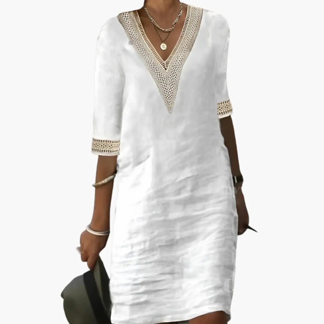 Elegant women's V-neck midi shift dress. Perfect for casual summer wear, vacation, or everyday chic style.