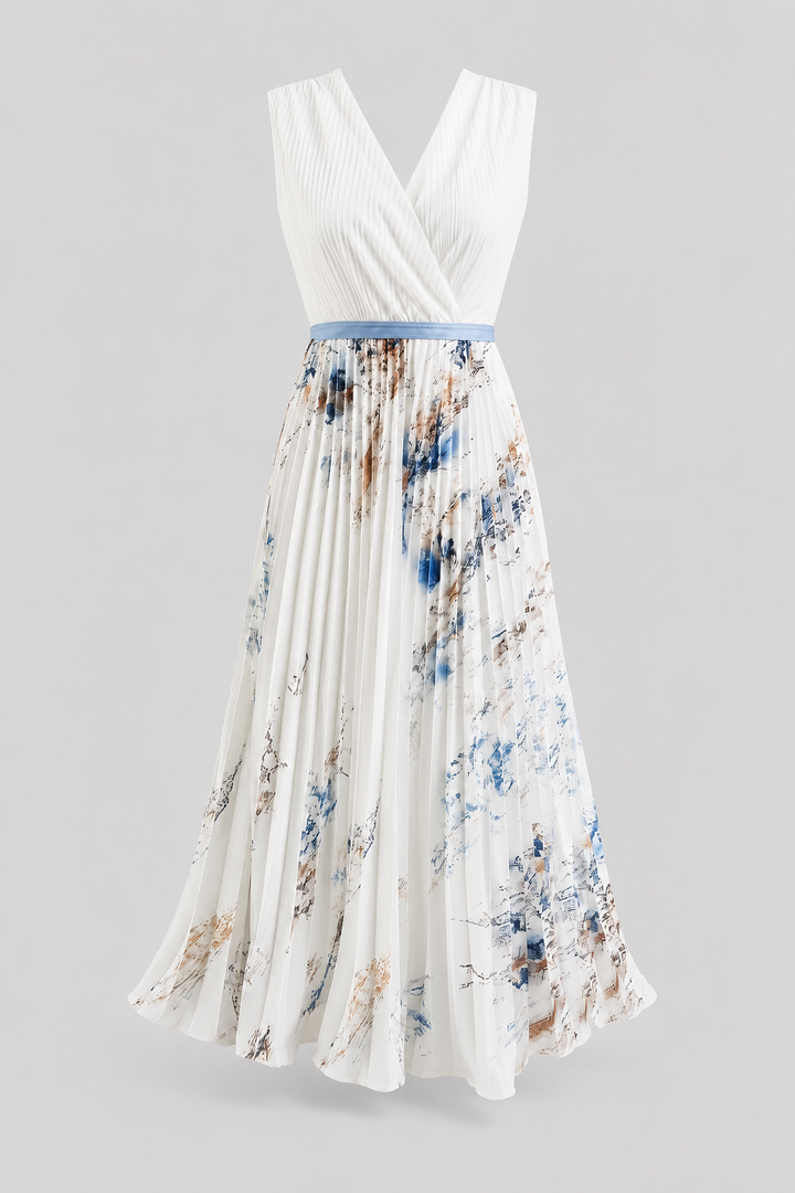 Elegant women's V-neck pleated maxi dress with waist tie, perfect for summer occasions or parties.