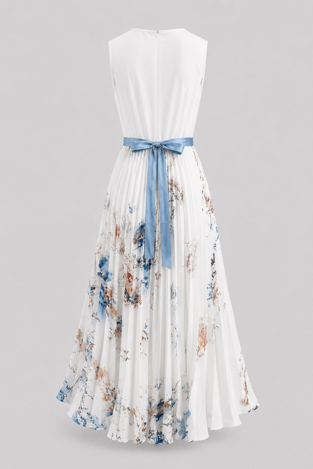 Stylish sleeveless V-neck maxi dress for women, featuring a flattering pleated skirt and waist tie.