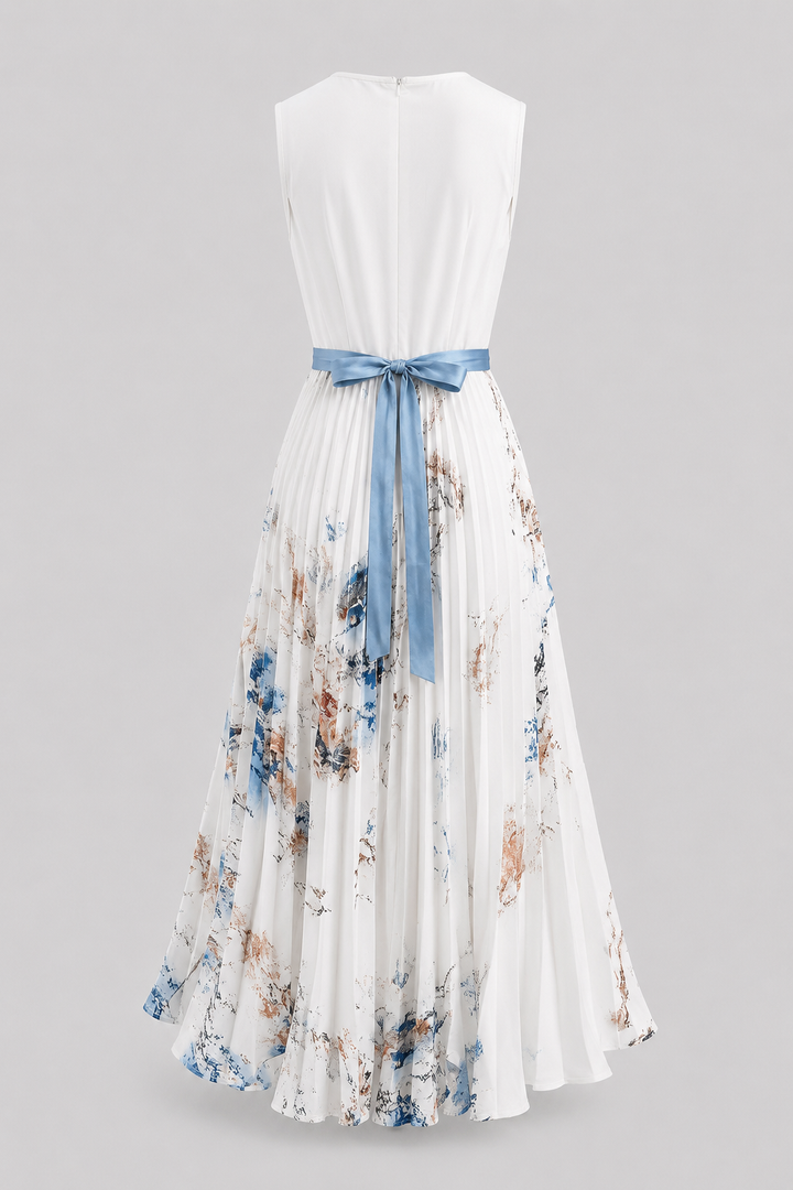 Stylish sleeveless V-neck maxi dress for women, featuring a flattering pleated skirt and waist tie.