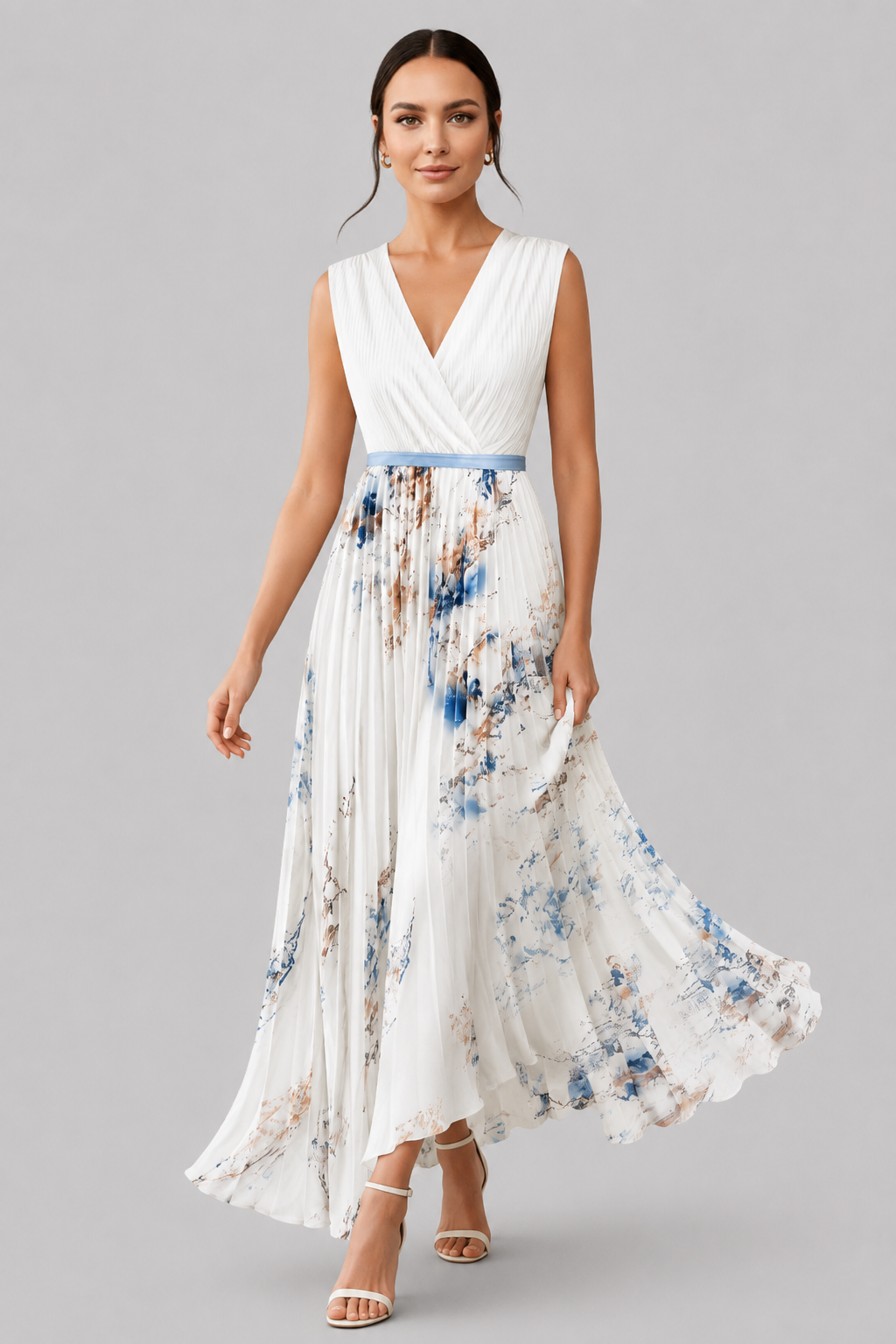Women's elegant V-neck maxi dress in [color], with delicate pleats and a chic waist tie detail.