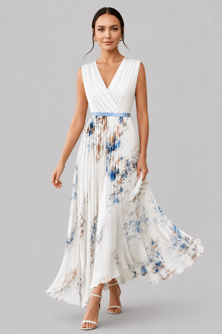 Women's elegant V-neck maxi dress in [color], with delicate pleats and a chic waist tie detail.