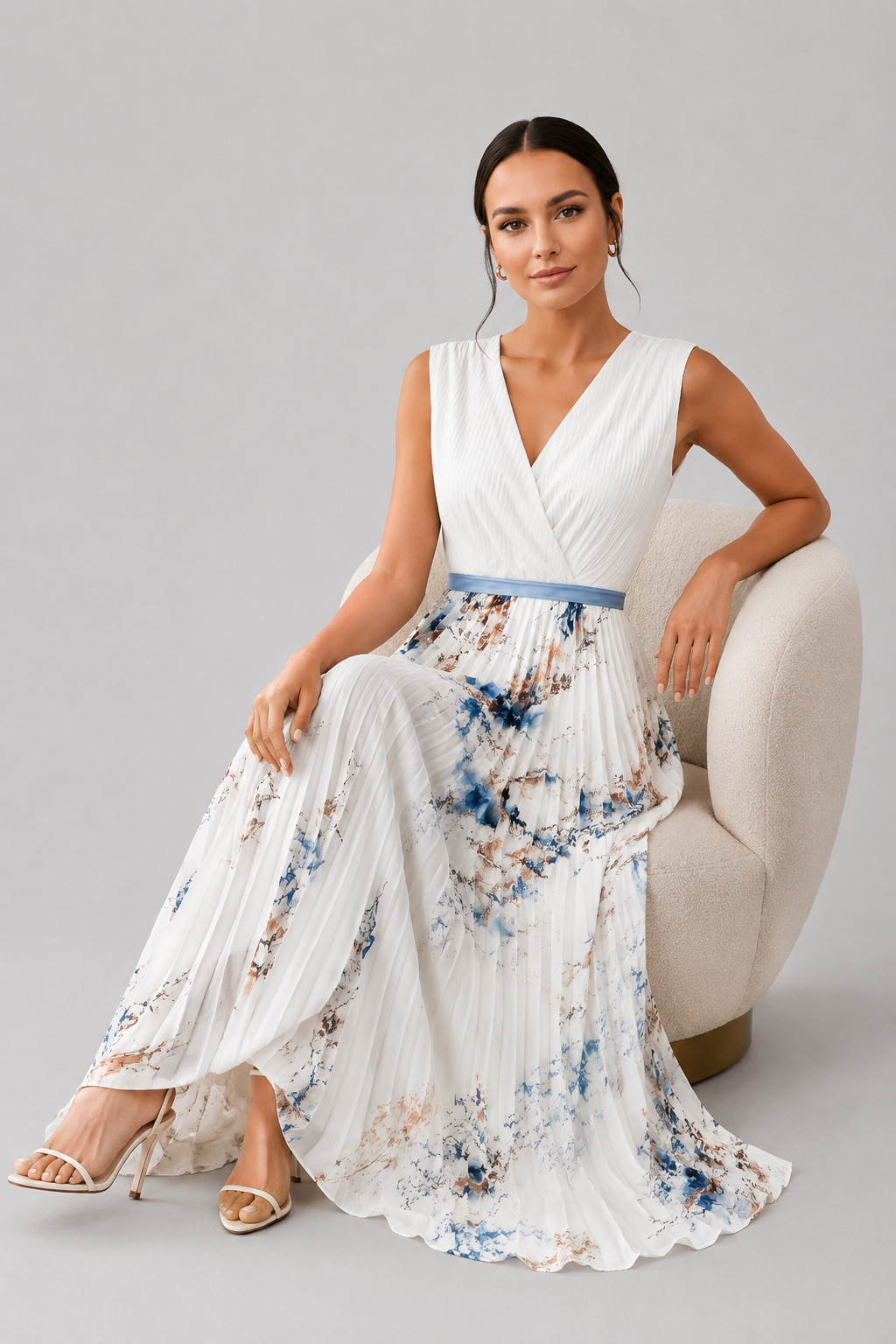 Fashionable women's V-neck pleated maxi dress with a defined waist tie, a chic summer occasion dress.