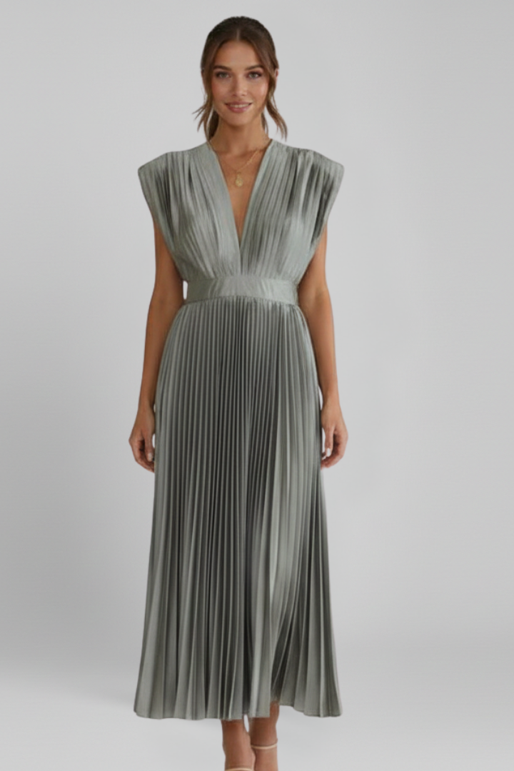 Chic V-neck pleated midi dress for women, ideal for elegant style. Versatile formal or casual wear.