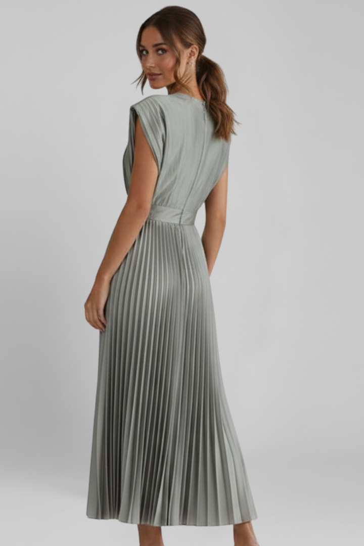 Formal women's pleated V-neck midi dress, offering an elegant silhouette. Great for special occasions.