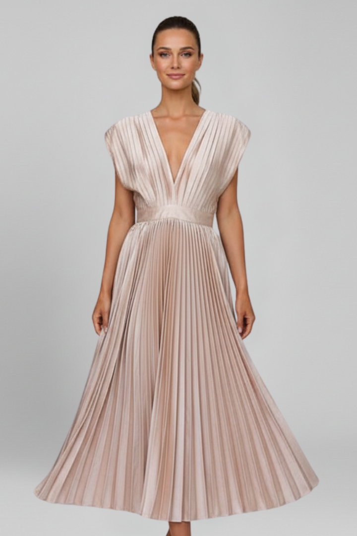 Casual yet elegant women's V-neck midi dress with beautiful pleats. A must-have versatile summer dress.