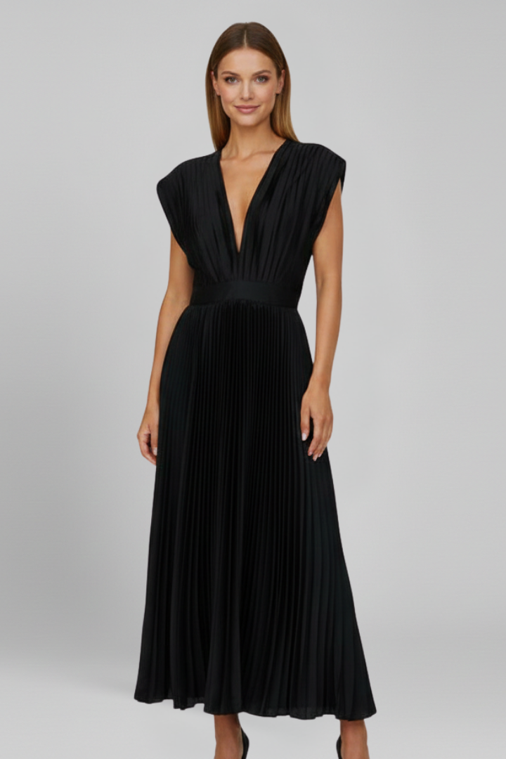Sophisticated V-neck pleated midi dress for women. Elevate your elegant style with this versatile piece.
