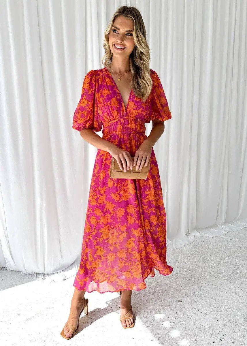 Elegant women's V-neck puff sleeve midi dress, perfect for summer. Stylish & comfortable with an elastic waist.