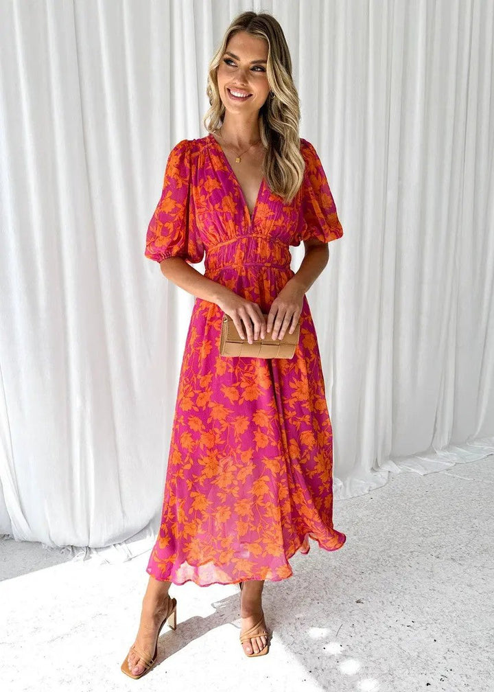 Elegant women's V-neck puff sleeve midi dress, perfect for summer. Stylish & comfortable with an elastic waist.