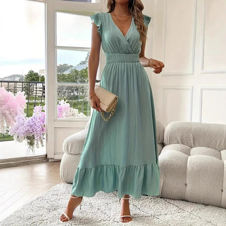 Elegant women's V-neck ruffle trim maxi dress, perfect for summer parties or spring events.