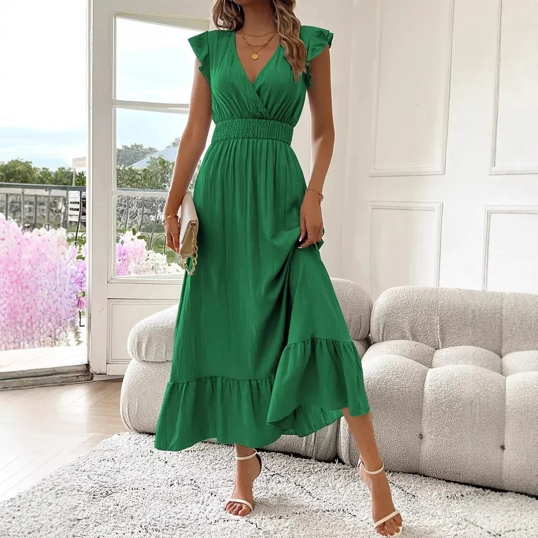 Versatile women's V-neck maxi dress with playful ruffle trim, a must-have for summer wardrobes.