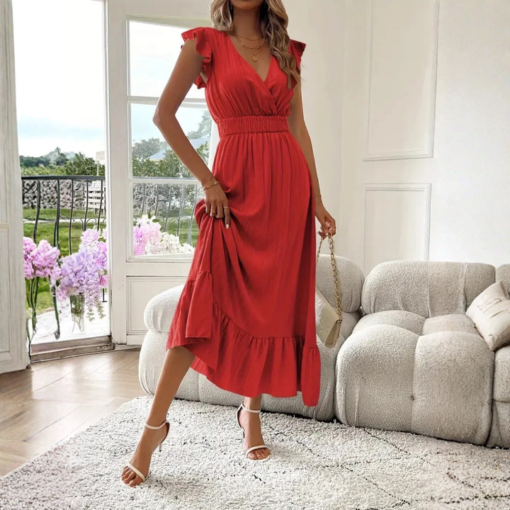 Chic V-neck maxi dress for women, featuring stylish ruffle trim, perfect for casual or party wear.