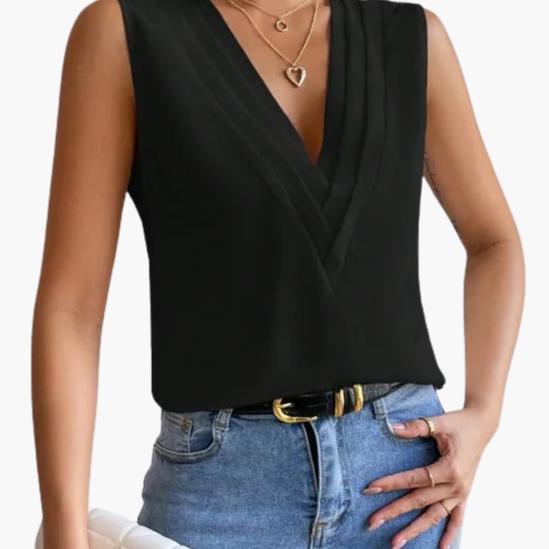 Women's comfortable V-neck sleeveless blouse, a versatile top for everyday chic or business casual style.