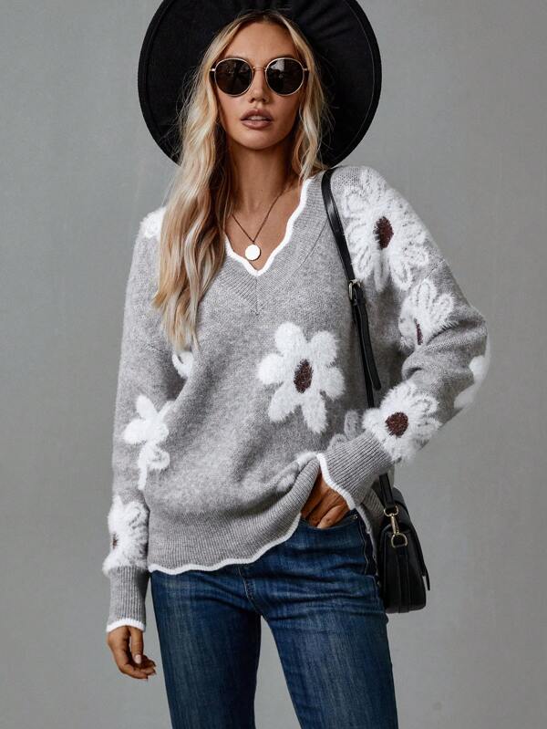 Casual chic women's V-neck sweater featuring an elegant floral design, ideal for a unique and stylish look.