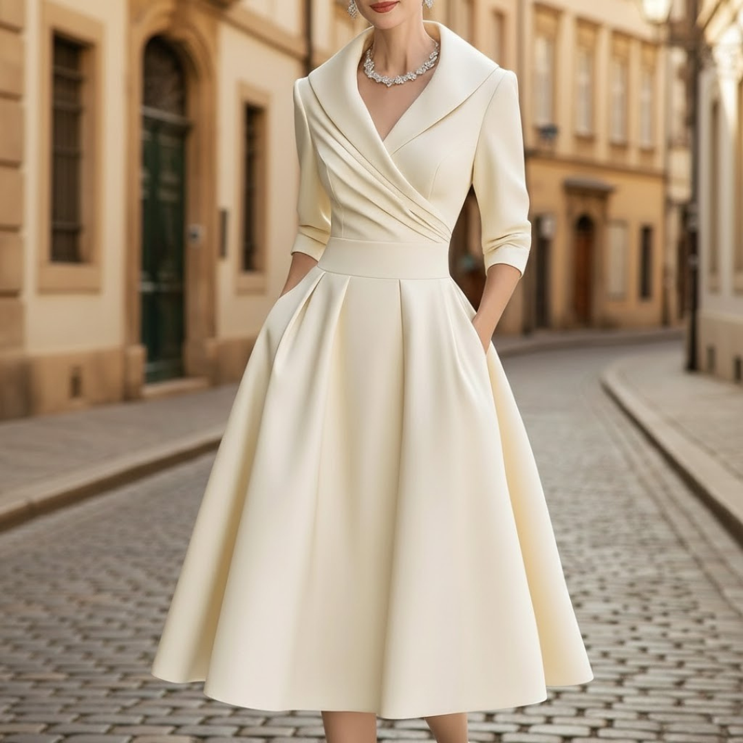 Elegant women's V-neck three-quarter sleeve midi dress with a flared skirt, perfect for occasion wear.